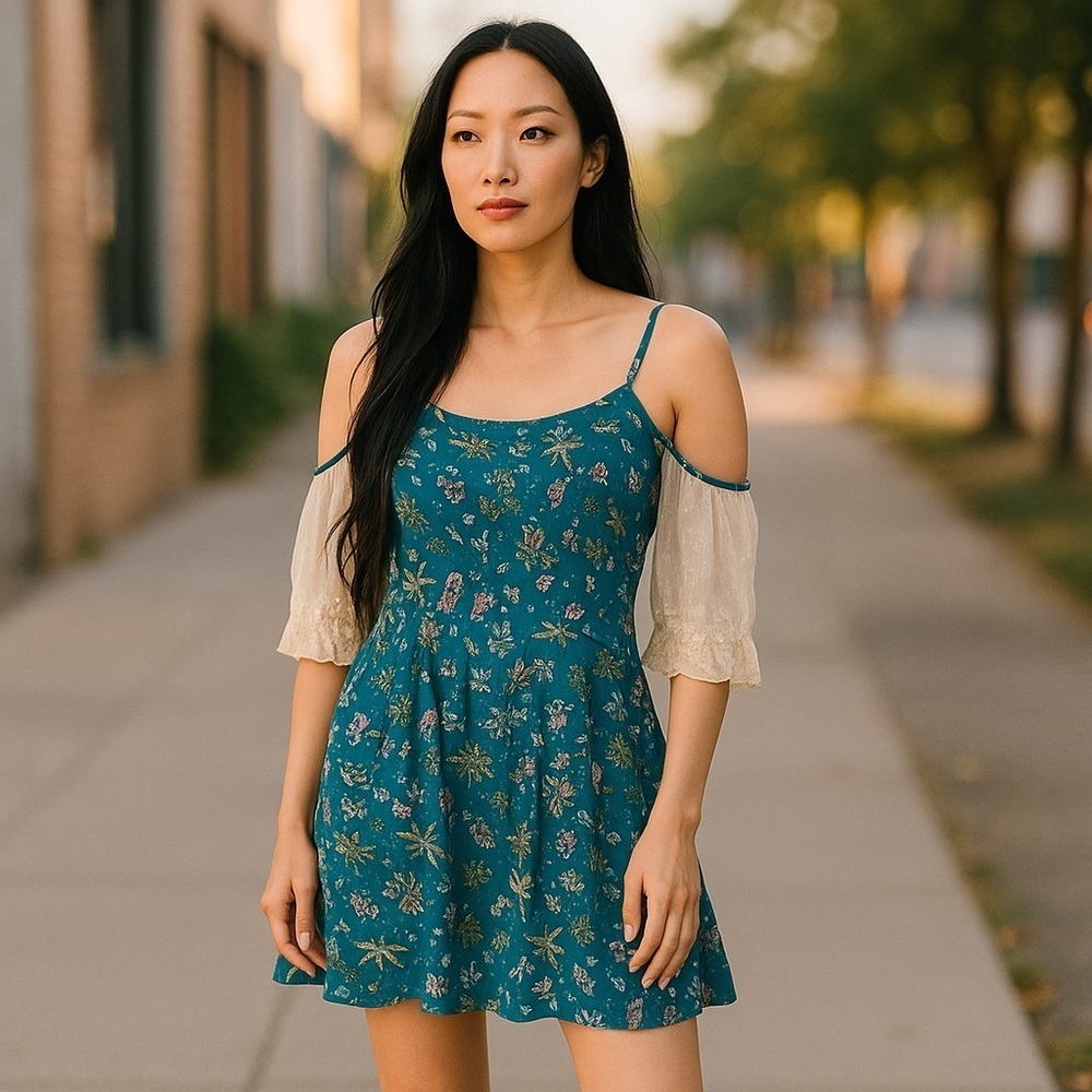 Umgee Teal Floral Cold Shoulder Boho Dress - Picture 2 of 6